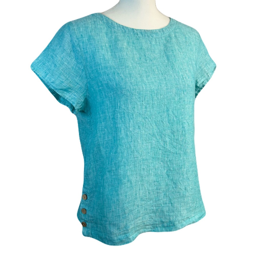 Cynthia Rowley 100% Linen Blouse Top‎ S Short Sleeve Blue Coastal Euro Scandi